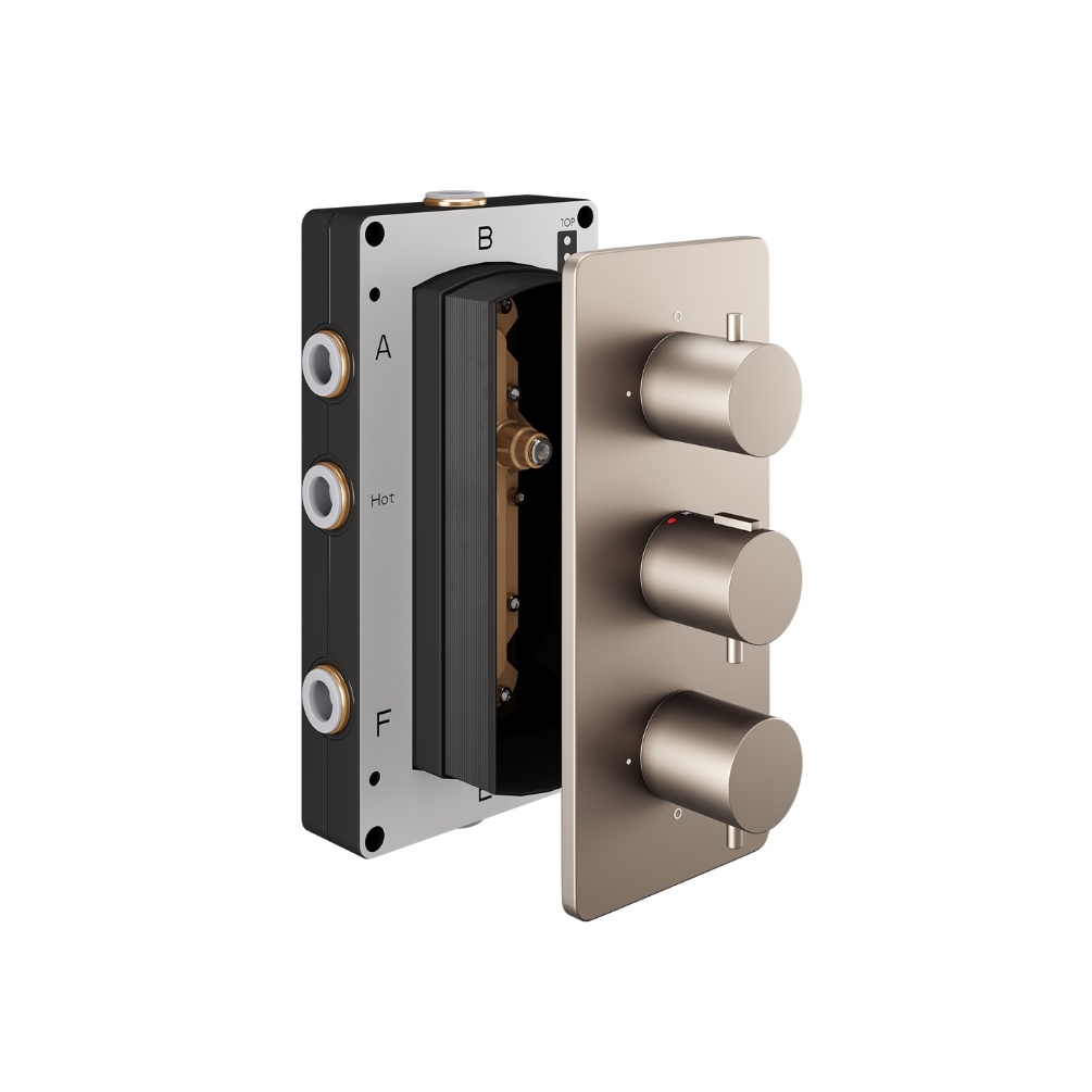 Product Cut out image of the Abacus Iso Brushed Nickel 3 Outlet 3 Handle Thermostatic Shower Valve